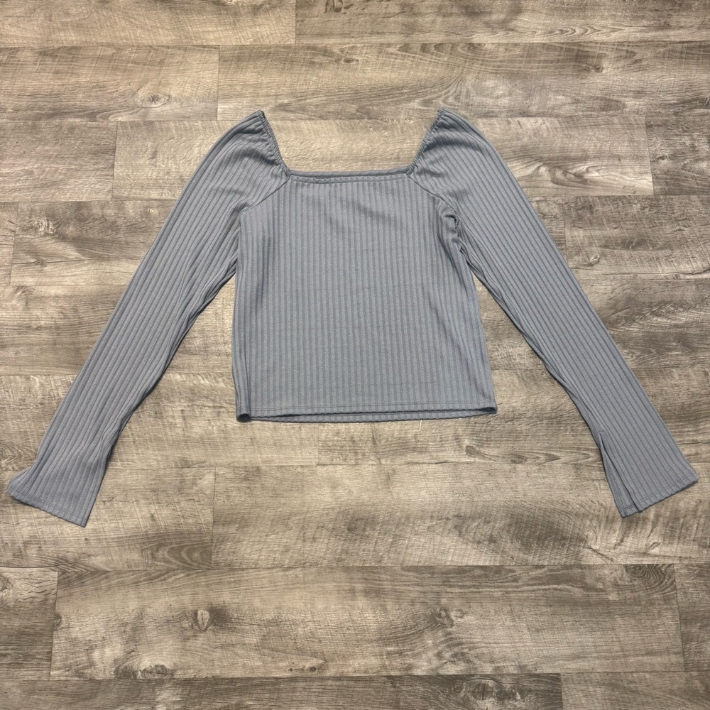 Madewell Ribbed Square Neck Long Sleeve Crop Craft Blue Top Sz. XL